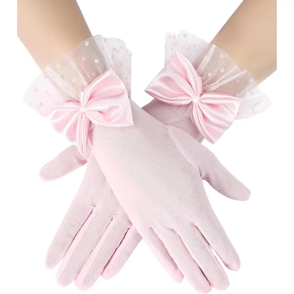 Women's Bow Lace Short Gloves Light Pink Princess Wedding Evening Accessories